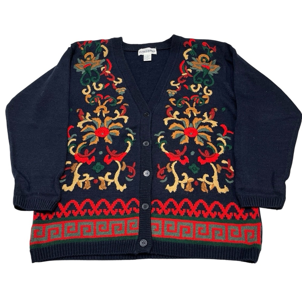 Alfred Dunner Cardigan Womens L Dark Wool Blend Floral Embroidered Grandma Artsy